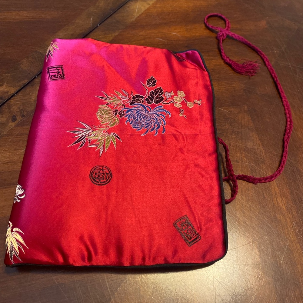 Red Embroidered Satin Fold-Over Cosmetic/Jewelry Pouch with Braided Tie - Picture 8 of 9